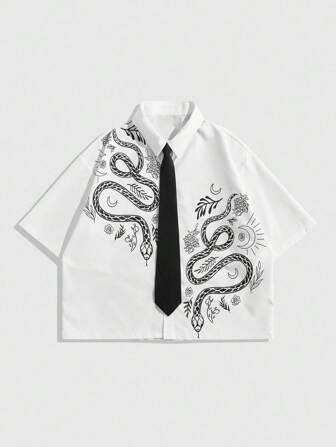 Prep Men's Casual Dark Snake Print Shirt, Academic Style, Summer