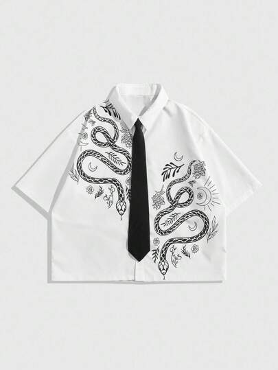 Goth Camisa casual de hombre con estampado de serpiente oscura, estilo académico, para verano, Halloween
