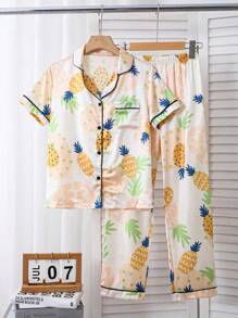 Conjunto de chaqueta tipo cárdigan y pantalón largo casual con estampado todo sobre piña, look minimalista y fresco para niñas preadolescentes