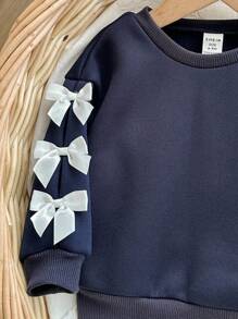 Ensemble bébé fille pull à capuche à manches longues avec nœud papillon bleu marine et pantalon à taille élastique, automne/hiver