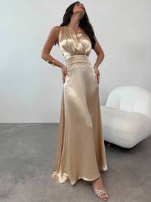 Firerie Women Elegant Party Waist Pleated Gold Aline Polar Long Dress,Graduation,Teacher Outfits Party,For Women,Teacher Dress Vacation Dress,Suitable For Commute/Elegance/Sexy/Vacation/Beach/Romance/Date/Valentine's Day/Concert/Performance/Party/Prom/Wedding Season/Back To School Work/Teachers' Day/Elegant/Commute/Casual/Business/Modern Urban, Modest