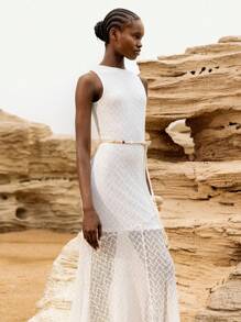Lumivelle Elegant White Women's Sleeveless Knitted Maxi Dress With Stand Collar And Semi-Sheer Detail - White - View 5