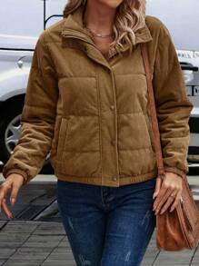 SHEIN LUNE Snap Button Up Padded Padded Coat Clothes Winter Fall Cloth For Women - Brown - View 4