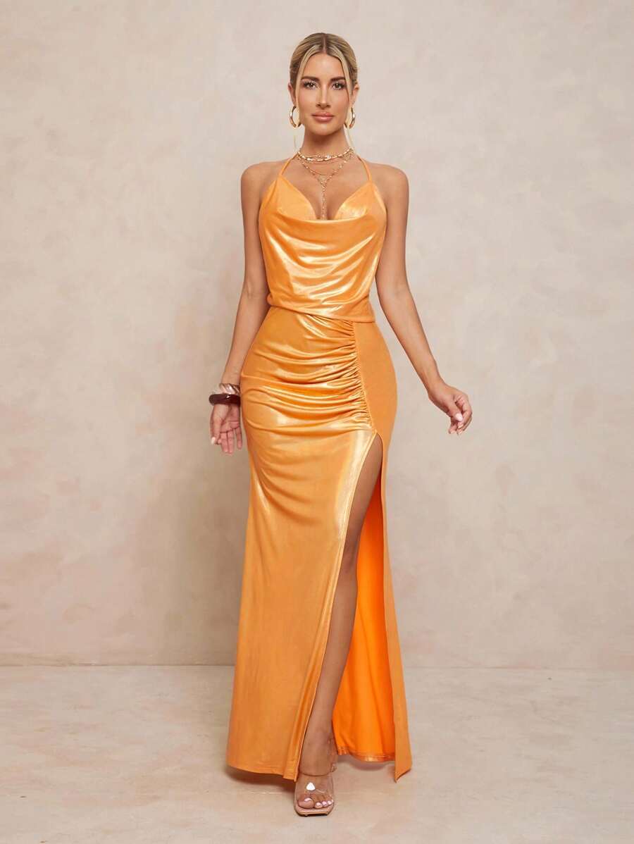 Lumalex 不对称腰部褶饰金属链细节超长女式连衣裙 - 金色 - 查看 1