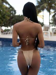Carolina Barros Conjunto de bikini de cuello halter con decoración de flor 3D de color contrastante, para nadar en la playa en verano - Caqui - Ver 6