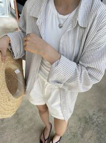 Livesso Women Striped Print Button Front Loose Casual Long Sleeve Shirt Fall - Black - View 4