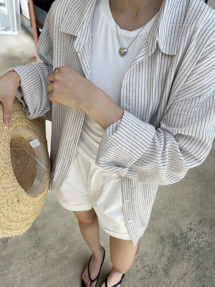 Women Striped Print Button Front Loose Casual Long Sleeve Shirt Fall