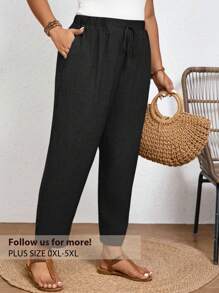 Elaquor 加大码纯色休闲长裤，松紧腰带，斜口袋 - 黑色 - 查看 2