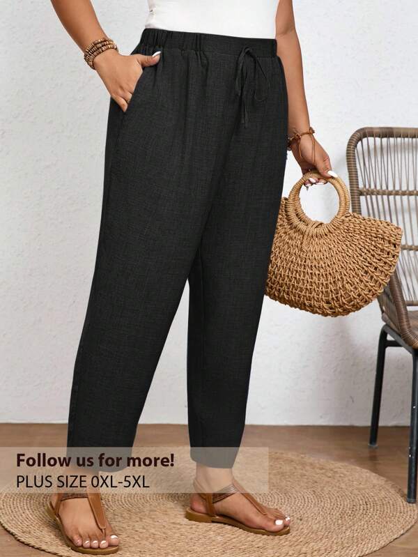 Elaquor Pantaloni casual de culoare solidă, mărime plus, cu talie elastică și buzunare diagonale