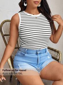 Elaquor Plus Size Striped Slim Fit Round Neck Summer Boho Tank Top - Black and White - View 1