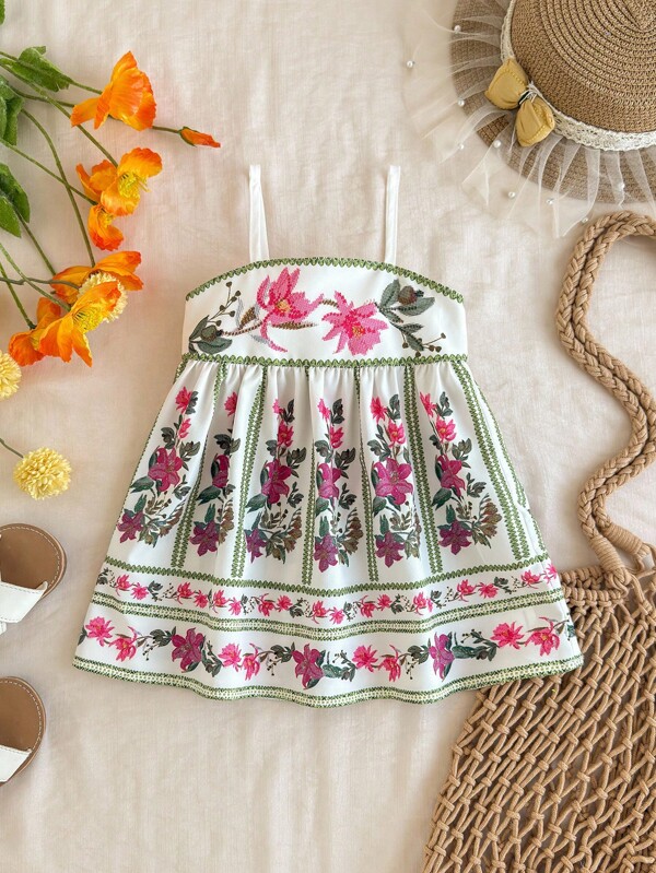 Travachic KIDS Summer Floral Print Ruffle Hem Short Sleeve Baby Girl Vacation Dress Baby Girl Floral Dress Baby Floral Summer Dress Baby Boho Dress Toddler Floral Dress