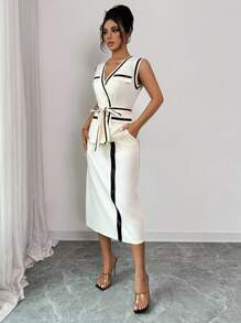 Franclia بدلة صيفية أنيقة للنساء مكونة من سترة ذات لون متباين مع حزام وتنورة، ملابس مناسبة للجامعة - لون مشمشي - مشاهدة 4