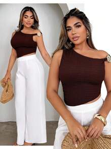 Xyvia 女士时尚金属装饰不对称衬衫，夏季 - 咖啡棕 - 查看 1