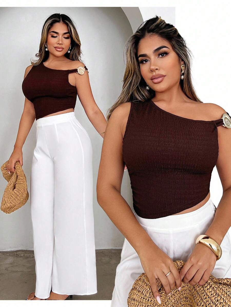 Xyvia 女士时尚金属装饰不对称衬衫，夏季 - 咖啡棕 - 查看 1