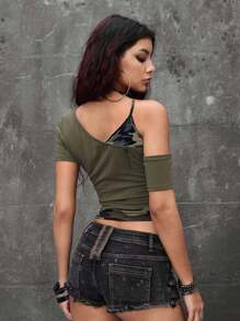 ROMWE Grunge Punk Y2K Junkpunk Retro Eye Print Letter Patchwork Camouflage Asymmetrical Neck T-Shirt For Women