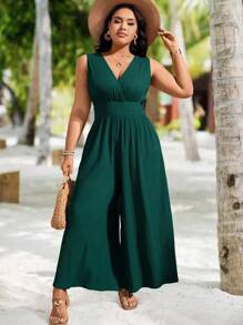 SHEIN Clasi 加大码 V 领纹理无袖束腰阔腿连体裤，适合度假和外出休闲