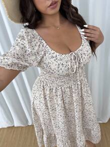 Flirla Plus Size Square Neck Puff Sleeve Cinched Waist A-Line Dress - Multicolor - View 6