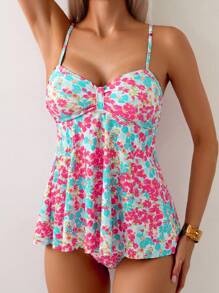 Swim Mod 2pcs/Set Women Summer Floral Print Spaghetti Strap Deep V Backless Crop Top And Bikini - Multicolor - View 5