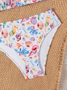 青少年女孩比基尼套装，海洋动物印花吊带设计，针织罗纹面料，时尚泳装套装，适合海滩度假、夏季游泳 - 彩色 - 查看 4
