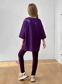 SHEIN Set 2 bucăți Tween Girl: tricou cu mânecă scurtă și pantaloni cu mânecă scurtă, cu imprimeu de portrete, cu decor largi - Violet - Vizualizare 9