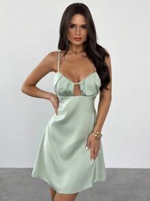 Firerie Summer/Autumn Versatile Dress, New Elegant Romantic Sleeveless Backless Green Satin A-Line Mini Dress, Suitable For Party, Date, Back To School, Vacation - Green - View 6