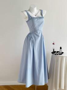 Comfortcana Robe casual d'été à col carré plissée sans manches de couleur unie pour femmes - Bleu azur - Voir 3