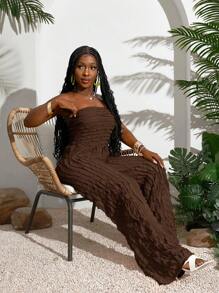 Slaydiva 夏季新品音乐节婚礼季、复活节、西部风、游牧风、圣帕特里克节、生日派对、毕业季、学生装、日常休闲、百搭、休闲、邮轮旅行、海滩、日光浴、热销款、纹理款、无肩带款、黄色款、大码女式连体裤、棕色连体裤、女士度假套装、棕色无肩带连体裤、荷叶边连体裤、纹理连体裤 - 棕色 - 查看 5