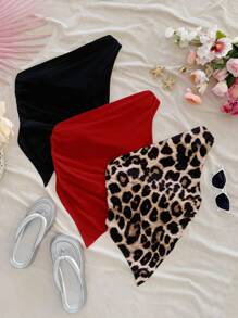 Soleia 3pcs/Pack Women Summer Vacation Leopard Print, Solid Color, Asymmetric Hem Shoulder Top, Suitable For & Beachwear Tops - Multicolor - View 3
