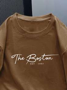 Manfinity LEGND 大码男士字母印花休闲圆领短袖T恤，夏季 - 棕色 - 查看 3