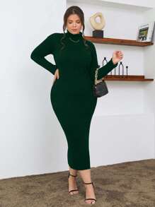 SHEIN Cottnline 100% Cotton Turtleneck Ribbed Knit Sweater Dress - Green - View 1