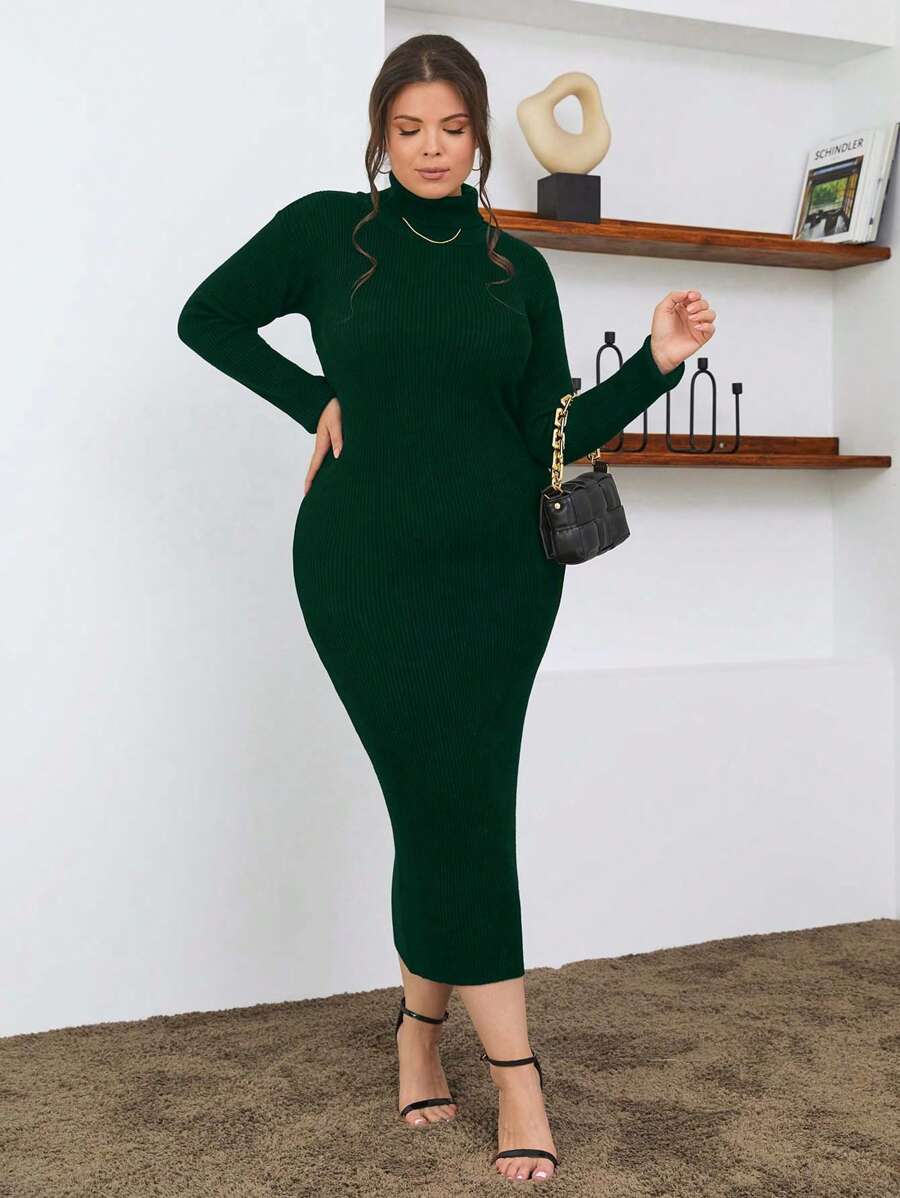 SHEIN Cottnline 100% Cotton Turtleneck Ribbed Knit Sweater Dress - Green - View 1