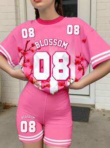 SHEIN Set casual in jersey per ragazze adolescenti, divisa sportiva da corsa, numero 08 e stampa floreale, t-shirt minimale a maniche corte morbida e pantaloncini corti da ciclista, per l'estate
