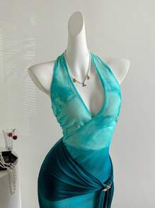 Flirla Vacation Style Tie Neck Tie Dye Print Mini Dress - Blue - View 5