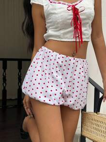 Sunnyshic 可爱波尔卡圆点泡泡袖宽松休闲夏季女式短裤 - 紅白色 - 查看 7