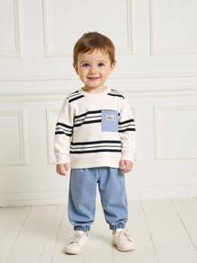 SHEIN 2pcs/Set Baby Boy Cute Striped Sweatshirt With Denim Pocket & Jeans Set, Soft Skin-Friendly Outfits Clothing Set, Fall Winter Long Sleeve Gift - Blue - View 4