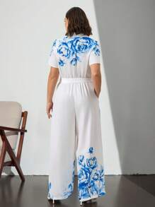 Chikora Plus Size Women Elegant Placement Blue And White Printed Jumpsuit,Ommuting And Pairing With Summer Clothes, Graduation Outfit,Ruffle,Work Outfits For Women - Blue and White - View 2