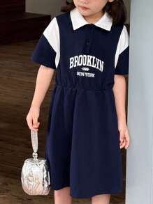 SHEIN Young Girls Casual Letter Graphic Color Block Collar Half-Zip Knit Dress - Blue and White - View 2