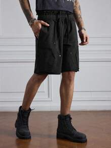 ROMWE MEN Men's Solid Color Drawstring Waist Loose Casual Shorts - Black and White - View 5