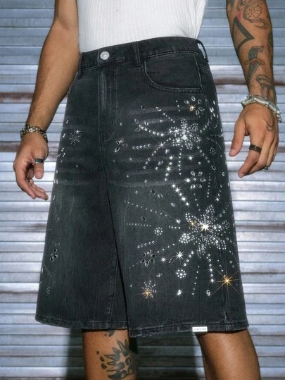 AXEPEAK Moderna, tvättade herrshorts med baggy passform och strassmönster, katt- och morrhårsmönster, knälånga jeansshorts i emo-stil, trendiga streetstyle