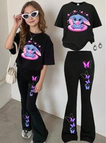 SHEIN Lässiges, süßes Set mit kurzärmligem T-Shirt und weiten Hosen für Kleine Mädchen mit Cartoon-Stich-Print, Schlaghosen-Set für Mädchen mit Schlaghose und Schmetterlings-Print, Schlaghosen-Set für Mädchen, Schmetterlings-Print, Schlaghosen-Set für Kinder - Schwarz - Übersicht 3