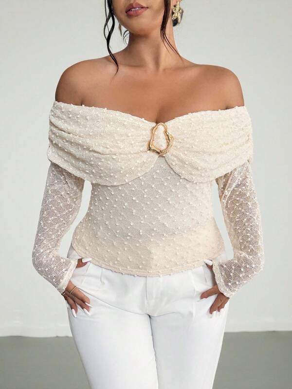 Firerie Plus Size Women's Elegant Off Shoulder Pleated Fitted Metallic Accent Textured Long Sleeve Stretch T-Shirt, Spring/Autumn