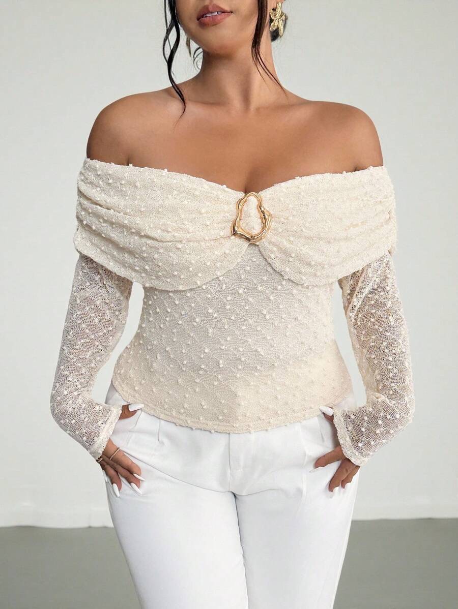 Firerie Áo thun tay dài vải thun co giãn họa tiết kim loại, dáng rộng, hở vai, ôm vừa vặn, cỡ lớn, thanh lịch và giản dị cho mùa xuân/thu - Màu be - Xem 1