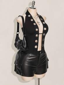 SHEIN ICON Áo hở vai Peplum dệt kim trang trí kim loại cỡ lớn, cổ khoét lỗ, áo hở vai gợi cảm Y2K - màu đen - Xem 6