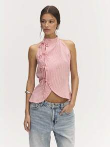 Nöista 夏季中国风领口亚麻条纹无袖蝴蝶结细节饰有亚麻条纹和蝴蝶结细节！ - 紅白色 - 查看 1