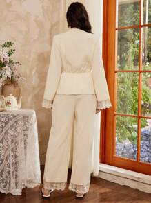 Côtesoire 法式浪漫蕾丝拼接系带女士睡衣套装，舒适优雅细节，秋冬服装 - 杏色 - 查看 2