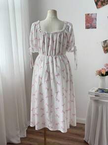 Sweetra Plus Size Women Butterfly Print Ruffle Trim Square Neck A-Line Dress