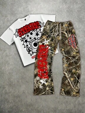 Manfinity EMRG Men's Loose Cartoon Red/White Graffiti Figure & Branch Camouflage Print Knit Short Sleeve T-Shirt And Pants Set
