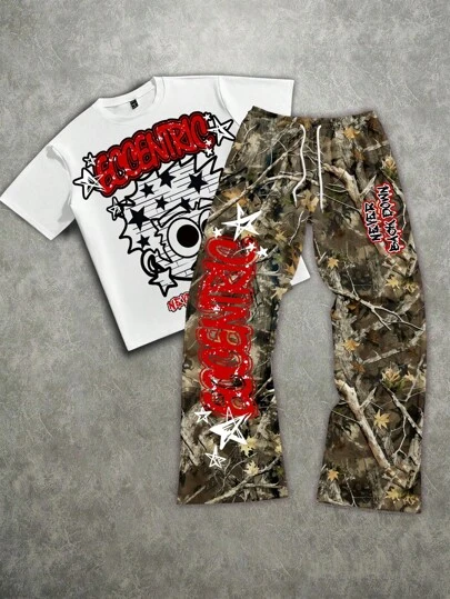 Manfinity ZONE917 Conjunto de top de manga corta holgado y pantalones con estampado total de talla grande