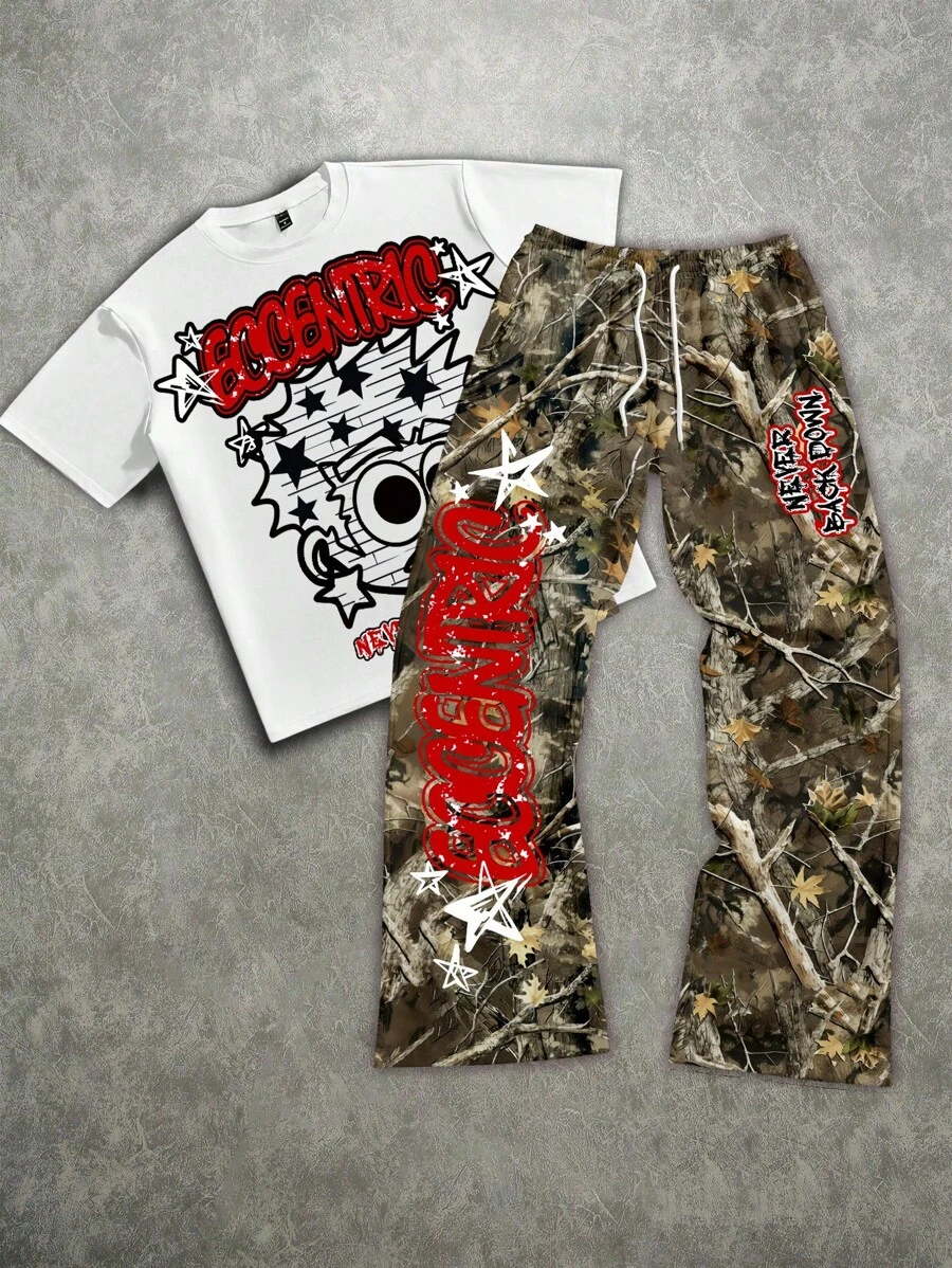 Manfinity EMRG 男士宽松卡通红/白涂鸦人物和树枝迷彩印花针织短袖T恤和裤子套装 - 彩色 - 查看 1
