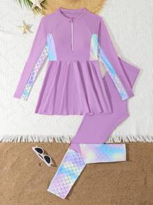 SHEIN 青少年女孩分体泳衣套装，2025 年新款，紫色美人鱼鳞片印花无袖上衣和长裤，时尚休闲泳装，适合年轻女士，适合游泳、度假、海滩、泳池、摄影、礼物